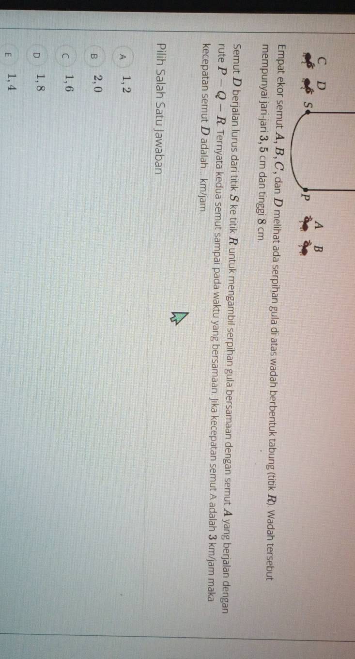 A B
S
P
Empat ekor semut A, B, C, dan D melihat ada serpihan gula di atas wadah berbentuk tabung (titik R). Wadah tersebut
mempunyai jari-jari 3, 5 cm dan tinggi 8 cm.
Semut D berjalan lurus dari titik S ke titik R untuk mengambil serpihan gula bersamaan dengan semut A yang berjalan dengan
rute P-Q-R 2. Ternyata kedua semut sampai pada waktu yang bersamaan. Jika kecepatan semut A adalah 3 km/jam maka
kecepatan semut D adalah... km/jam.
Pilih Salah Satu Jawaban
A 1, 2
B 2, 0
C 1, 6
D 1, 8
E 1, 4
