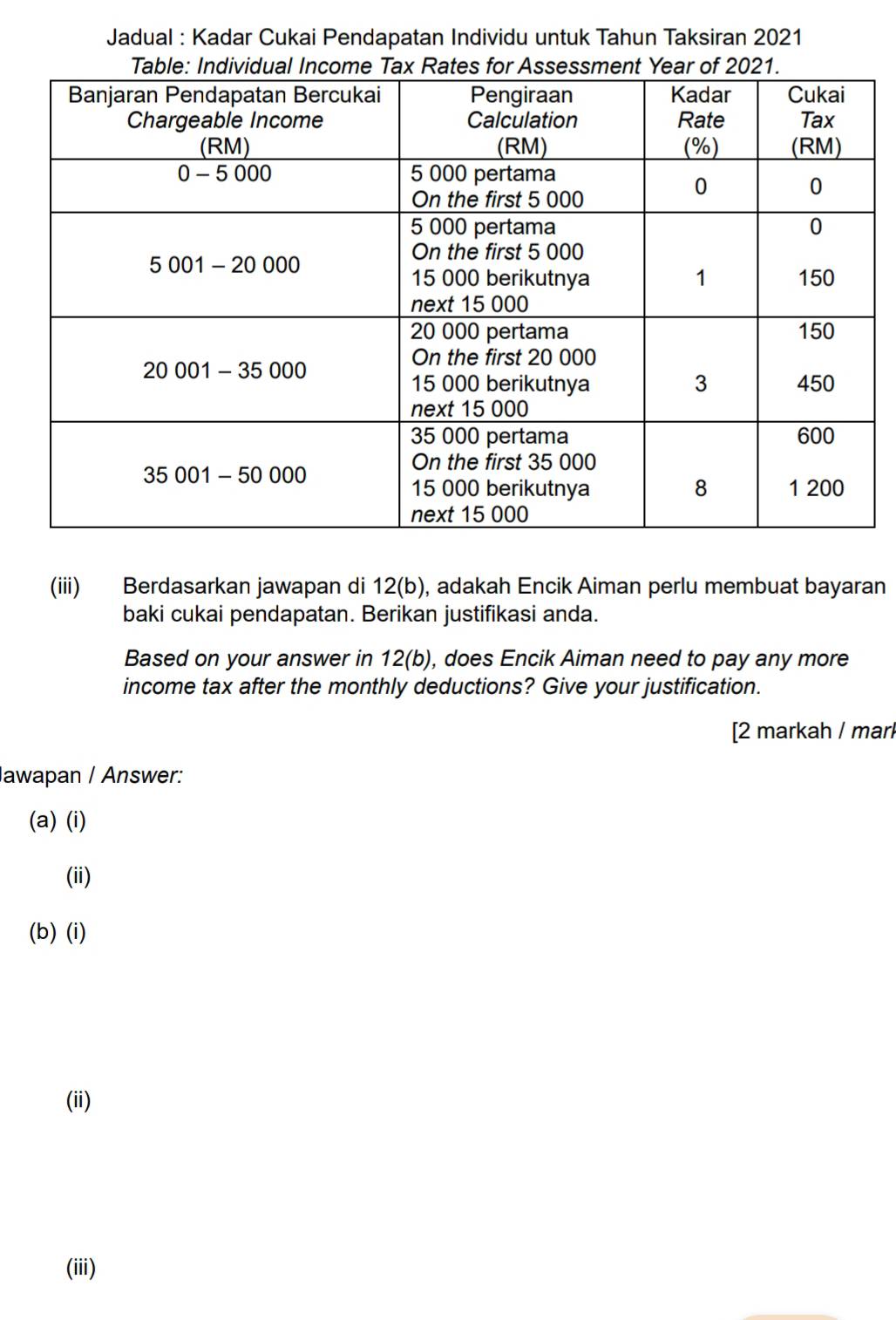 Jadual : Kadar Cukai Pendapatan Individu untuk Tahun Taksiran 2021 
(iii) Berdasarkan jawapan di 12 (b), adakah Encik Aiman perlu membuat bayaran 
baki cukai pendapatan. Berikan justifikasi anda. 
Based on your answer in 12 (b), does Encik Aiman need to pay any more 
income tax after the monthly deductions? Give your justification. 
[2 markah / mar 
Jawapan / Answer: 
(a) (i) 
(ii) 
(b) (i) 
(ii) 
(iii)