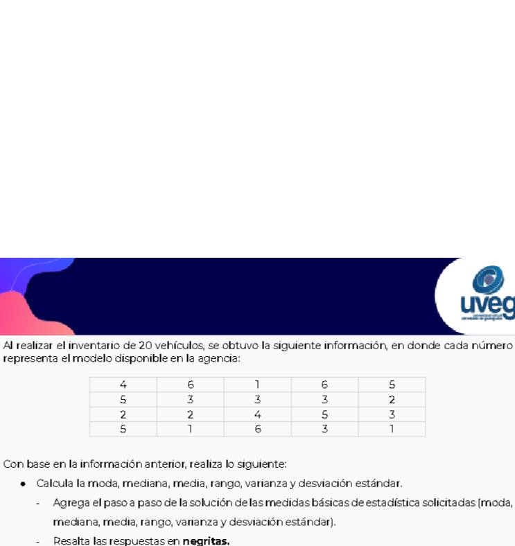 uveg 

Al realizar el inventario de 20 vehículos, se obtuvo la siguiente información, en donde cada número 
representa el modelo disponible en la agencia: 
Con base en la información anterior, realiza lo siguiente: 
Calcula la moda, mediana, media, rango, varianza y desviación estándar. 
Agrega el paso a paso de la solución de las medidas básicas de estadística solicitadas (moda, 
mediana, media, rango, varianza y desviación estándar). 
Resalta las respuestas en negritas.