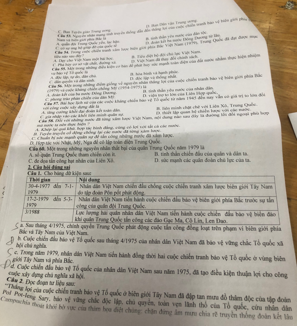 D. Ban Dân vận Trung ương.
Cầu 53. Nguyên nhân mang tính truyền thống dẫn đến thắng lợi của cuộc chiến tranh bao vệ biên giới phía 
C. Ban Tuyên giáo Trung ương
Nam và biên giới phía Bắc là
B. tinh thần yêu nước của dân tộc.
A. quần đội Trung Quốc yếu, lạc hậu.
D. đoàn kết ba nước Đông Dương từ lầu.
Câu 54. Trong cuộc chiến tranh xâm lược biên giới phía Bắc Việt Nam (1979), Trung Quốc đã đạt được mục
C. có sự ủng hộ giúp đỡ của quốc tế
tiêu nào sau đây?
A. Day cho Việt Nam một bài học. B. Tiêu diệt bộ đội chủ lực Việt Nam.
C. Phá hủy cơ sở vật chất, đường xá. D. Việt Nam đã thay đổi chính sách.
Cầu 55. Một trong những điều kiện cơ bản để phát huy sức mạnh toàn diện của đất nước nhằm thực hiện nhiệm
vụ bảo vệ Tổ quốc là
A. độc lập, tự do, dân chủ. B. hòa bình và hạnh phúc.
C. dân quyền và dân sinh. D. độc lập và thống nhất.
Câu 56. Một trong những điểm giống về nguyên nhân thăng lợi của cuộc chiến tranh bảo vệ biên giới phía Bắc
(1979) và cuộc kháng chiến chống Mỹ (1954-1975) là
A. đoàn kết của ba nước Đông Dương. B. tinh thần yêu nước của nhân dân.
C. phong trào phân chiến của dân Mỹ. D. viện trợ to lớn của Liên Hợp quốc,
Câu 57. Bài học lịch sử của các cuộc kháng chiến bảo vệ Tổ quốc từ năm 1945 đến nay vẫn có giá trị to lớn đối
với công cuộc xây dựng đất là
A. tăng cường khối đại đoàn kết toàn dân. B. liên minh chặt chẽ với Liên Xô, Trung Quốc.
C. gia nhập vào các khối liên minh quân sự. D. thiết lập quan hệ chiến lược với các nước.
Câu 58. Đối với những nước đã từng xâm lược Việt Nam, nội dung nào sau dây là đường lối đối ngoại phù hợp
mà nước ta nên thực hiện ?
A. Khép lại quá khứ, hợp tác bình đẳng, cùng có lợi với tất cả các nước.
B. Tuyên truyền cổ động chống lại các nước đã từng xâm lược.
C. Chuẩn bị sức mạnh quân sự để tấn công những nước đã xâm lược.
D. Hợp tác với Nhật, Mỹ, Nga để cô lập toàn diện Trung Quốc.
Câu 60. Một trong những nguyên nhân thất bại của quân Trung Quốc năm 1979 là
A. số quận Trung Quốc tham chiến còn ít. B. tinh thần chiến đấu của quân và dân ta.
C. đe dọa tấn công hạt nhân của Liên Xô. D. sức mạnh các quân đoàn chủ lực của ta.
2. Câu hỏi đúng sai
uyền Trung Quốc phát động cuộc tấn công đồng loạt trên phạm vi biên giới phía
Bắc và Tây Nam của Việt Nam.
b. Cuộc chiến đấu bảo vệ Tổ quốc sau tháng 4/1975 của nhân dân Việt Nam đã bảo vệ vững chắc Tổ quốc xã
hội chủ nghĩa.
c. Trong năm 1979, nhân dân Việt Nam tiến hành đồng thời hai cuộc chiến tranh bảo vệ Tổ quốc ở vùng biên
giới Tây Nam và phía Bắc.
d. Cuộc chiến đấu bảo vệ Tổ quốc của nhân dân Việt Nam sau năm 1975, đã tạo điều kiện thuận lợi cho công
cuộc xây dựng chủ nghĩa xã hội.
Câu 2. Đọc đoạn tư liệu sau:
*Thắng lợi của cuộc chiến tranh bảo vệ Tổ quốc ở biên giới Tây Nam đã đập tan mưu đồ thâm độc của tập đoàn
Pol Pot-Ieng Sary, bảo vệ vững chắc độc lập, chủ quyền, toàn vẹn lãnh thổ của Tổ quốc, cứu nhân dân
Campuchia thoát khỏi bờ vực của thảm họa diệt chủng: chặn đứng âm mưu chia rẽ truyền thống đoàn kết lâu