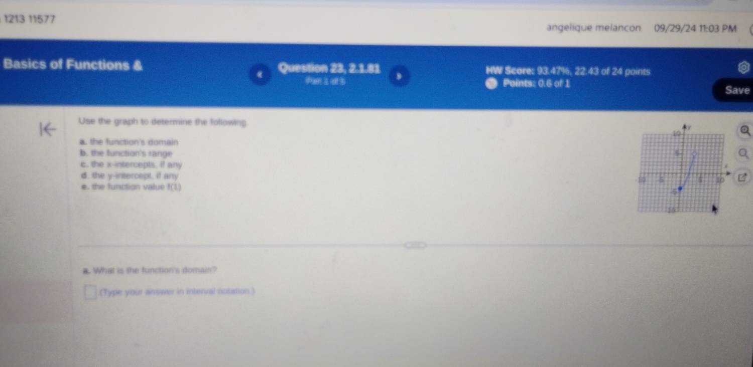 1213 11577 
angelique melancon 09/29/24 11:03 PM 
Basics of Functions & Question 23, 2.1.81 HW Score: 93.47%, 22.43 of 24 points 
Pan 1 al $ Points: 0.6 of 1 
Save 
Use the graph to determine the following 
a. the function's domain 
b. the function's range 
c. the x-intercepts. if any 
d. the y-intercept, if any 
e. the function value f(1)
₹ What is the function's domain? 
(Type your answer in interval notation.)