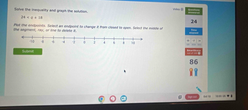 Video ⓑ Questions 
Solve the inequality and graph the solution. answered
24
24
Plot the endpoints. Select an endpoint to change it from closed to open. Select the middle of Time 
the segment, ray, or line to delete it. elapsed
0 17 34
 C 
Submit S m ar Sor out of 100 0
86
Sign out Oct 10 10:03 US