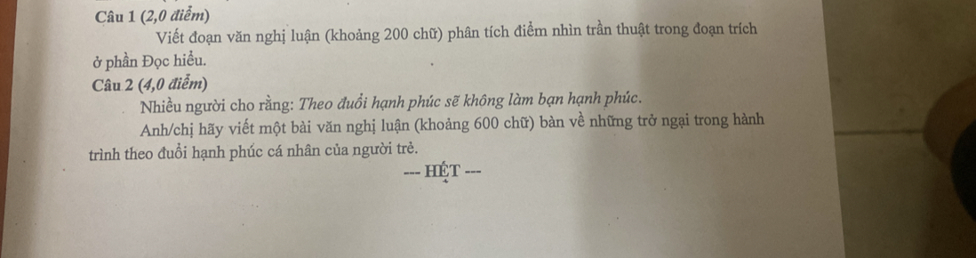 (2,0 điểm) 
Viết đoạn văn nghị luận (khoảng 200 chữ) phân tích điểm nhìn trần thuật trong đoạn trích 
ở phần Đọc hiều. 
Câu 2 (4,0 điểm) 
Nhiều người cho rằng: Theo đuổi hạnh phúc sẽ không làm bạn hạnh phúc. 
Anh/chị hãy viết một bài văn nghị luận (khoảng 600 chữ) bàn về những trở ngại trong hành 
trình theo đuổi hạnh phúc cá nhân của người trẻ. 
==- HệT ---