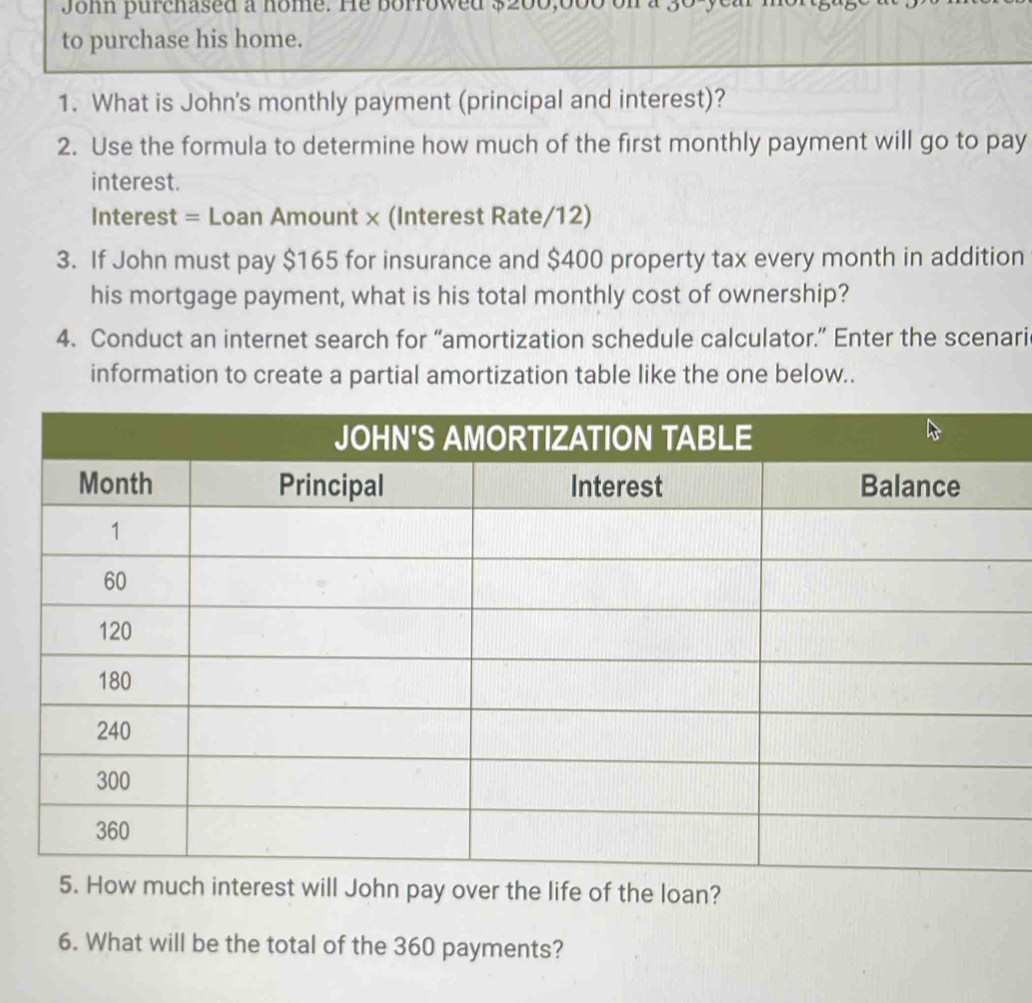 John purchased a nome. He borrowed $200,000 on a 30 y 
to purchase his home. 
1. What is John's monthly payment (principal and interest)? 
2. Use the formula to determine how much of the first monthly payment will go to pay 
interest. 
Interest = Loan Amount × (Interest Rate/12) 
3. If John must pay $165 for insurance and $400 property tax every month in addition 
his mortgage payment, what is his total monthly cost of ownership? 
4. Conduct an internet search for “amortization schedule calculator.” Enter the scenari 
information to create a partial amortization table like the one below.. 
5. How much interest will John pay over the life of the loan? 
6. What will be the total of the 360 payments?