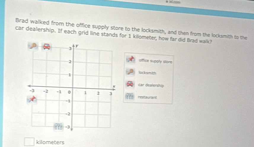 Brad walked from the office supply store to the locksmith, and then from the locksmith to the
car dealership. If each grid line stands for 1 kilometer, how far did Brad walk?
office supply store
locksmith
car dealership
restaurant
kilometers