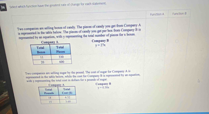 he Select which function have the greatest rate of change for each statement.
Function A Function B
Two companies are selling boxes of candy. The pieces of candy you get from Company A
is represented in the table below. The pieces of candy you get per box from Company B is
represented by an equation, with y representing the total number of pieces for x boxes.
Company B
y=27x
Two companies are selling sugar by the pound. The cost of sugar for Company A is
represented in the table below, while the cost for Company B is represented by an equation,
with y representing the total cost in dollars for x pounds of sugar.
Company B
y=0.30x