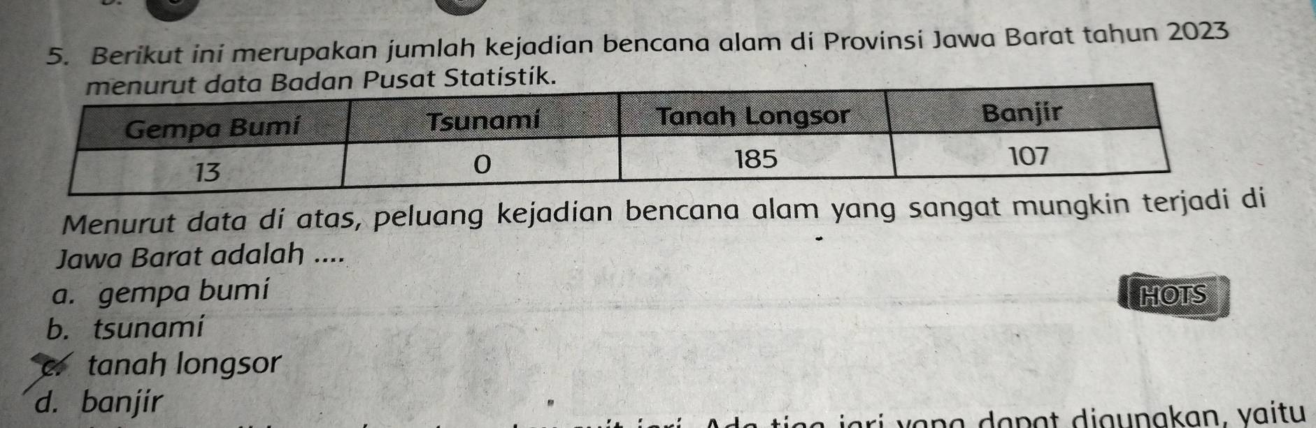 Berikut ini merupakan jumlah kejadian bencana alam di Provinsi Jawa Barat tahun 2023
Pusat Statístík.
Menurut data di atas, peluang kejadian bencana alam yang sangat mungkin terjadi
Jawa Barat adalah ....
a. gempa bumí HOTS
b. tsunami
C tanah longsor
d. banjir
v a g a p ç t digunakan, vaitu