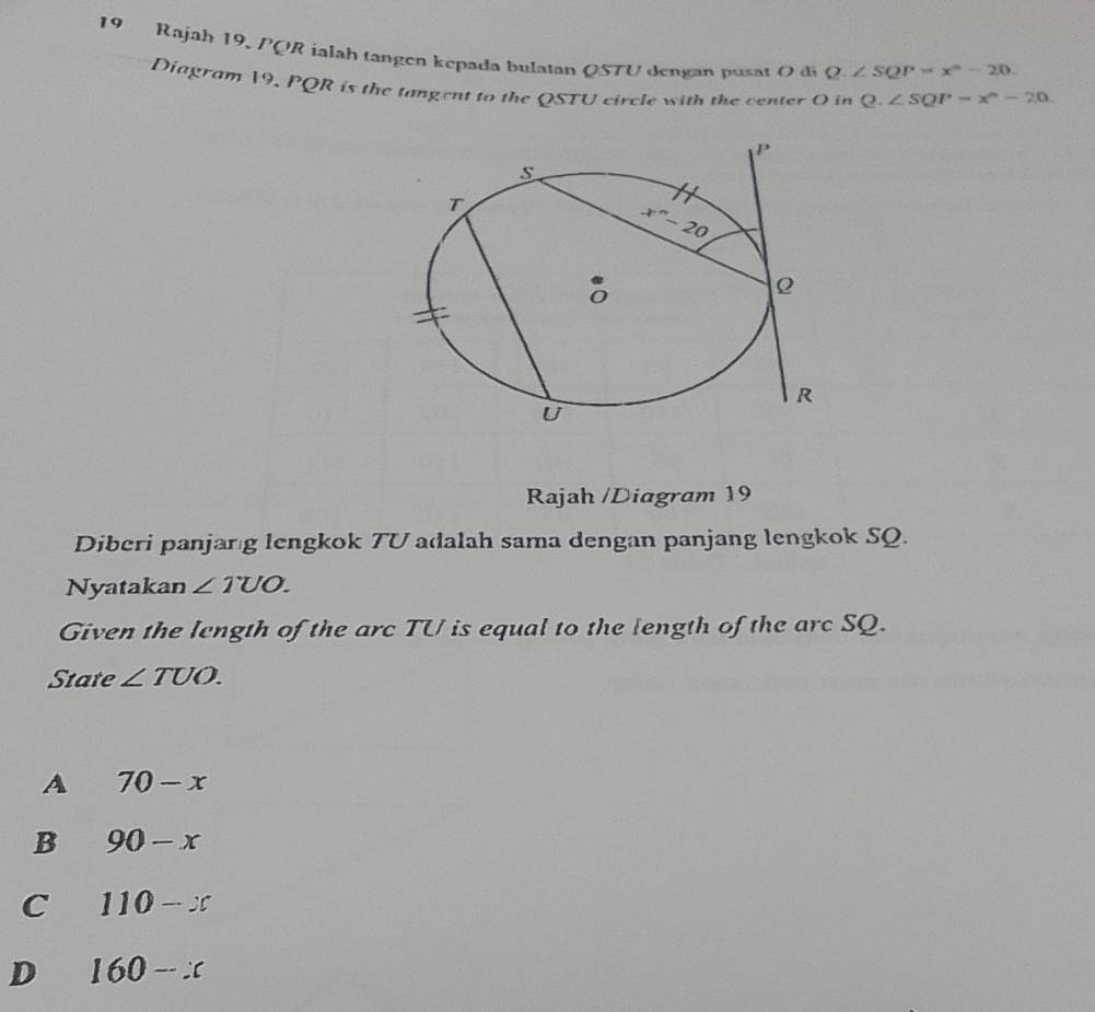 Rajah 19, PQR ialah tangen kepada bulatan QSTU dengan pusat O di Q.∠ SQP=x°-20
Diagram 19. PQR is the tangent to the QSTU circle with the center O in Q.∠ SQP=x°-20
Rajah /Diagram 19
Diberi panjang lengkok TU adalah sama dengan panjang lengkok SQ.
Nyatakan ∠ TUO.
Given the length of the arc TU is equal to the length of the arc SQ.
State ∠ TUO.
A 70-x
B 90-x
C 110-x
D 160-x