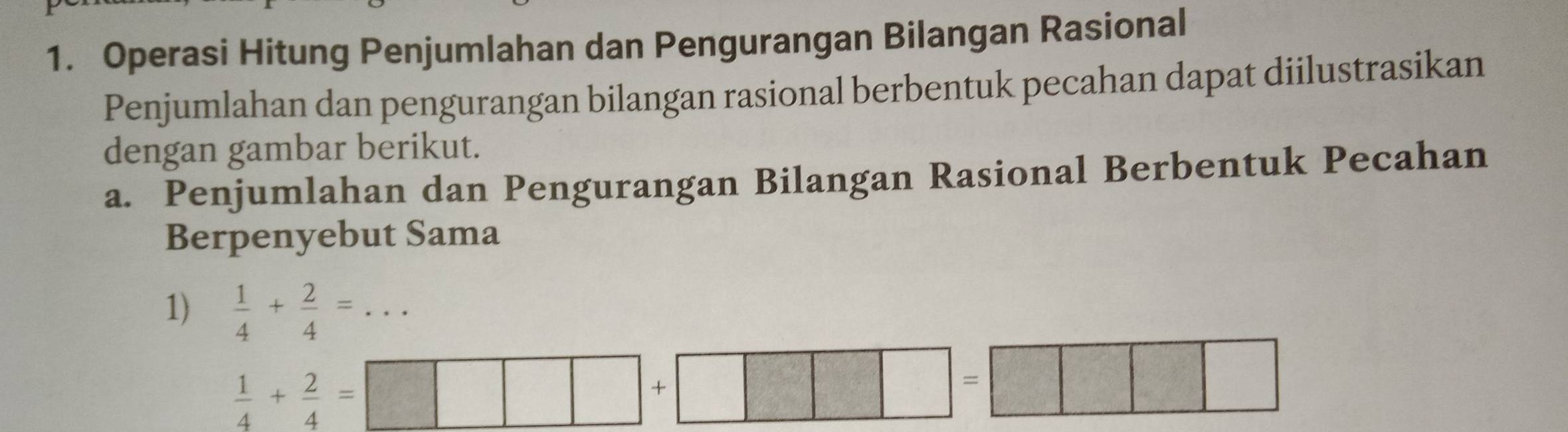 Operasi Hitung Penjumlahan dan Pengurangan Bilangan Rasional
Penjumlahan dan pengurangan bilangan rasional berbentuk pecahan dapat diilustrasikan
dengan gambar berikut.
a. Penjumlahan dan Pengurangan Bilangan Rasional Berbentuk Pecahan
Berpenyebut Sama
1)  1/4 + 2/4 =...