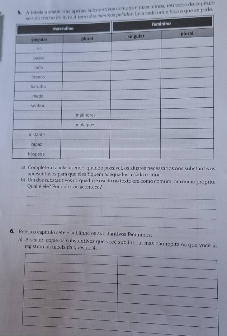 A tabela a seguir traz apenas substantivos comuns e masculinos, retirados do capítulo 
m e faça o que se pede. 
a) Complete a tabela fazendo, quando possível, os ajustes necessários nos substantivos 
apresentados para que eles fiquem adequados a cada coluna. 
b) Um dos substantivos do quadro é usado no texto ora como comum, ora como próprio. 
Qual éele? Por que isso acontece? 
_ 
_ 
_ 
_ 
6. Releia o capítulo sete e sublinhe os substantivos femininos. 
a) A seguir, copie os substantivos que você sublinhou, mas não repita os que você já 
registrou na tabela da questão 4.