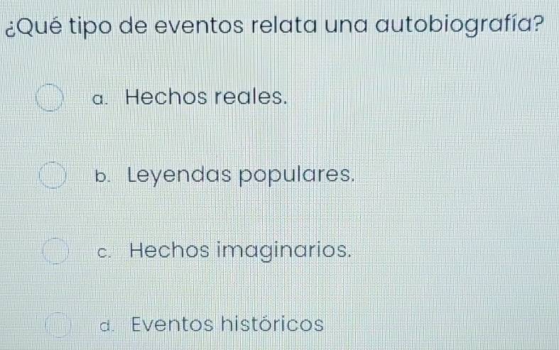 ¿Qué tipo de eventos relata una autobiografía?
a. Hechos reales.
b. Leyendas populares.
c. Hechos imaginarios.
d. Eventos históricos