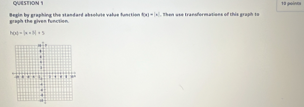 Begin by graphing the standard absolute value function f(x)=beginvmatrix xendvmatrix. Then use transformations of this graph to 
graph the given function.
h(x)=|x+5|+5