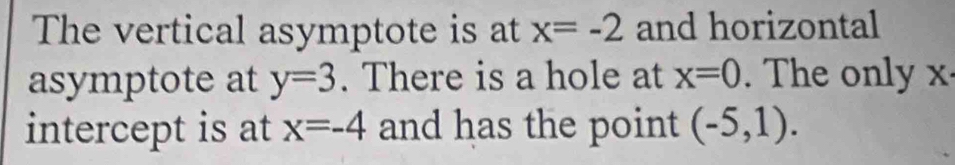 The vertical asymptote is at x=-2 and horizontal 
asymptote at y=3. There is a hole at x=0. The only x
intercept is at x=-4 and has the point (-5,1).