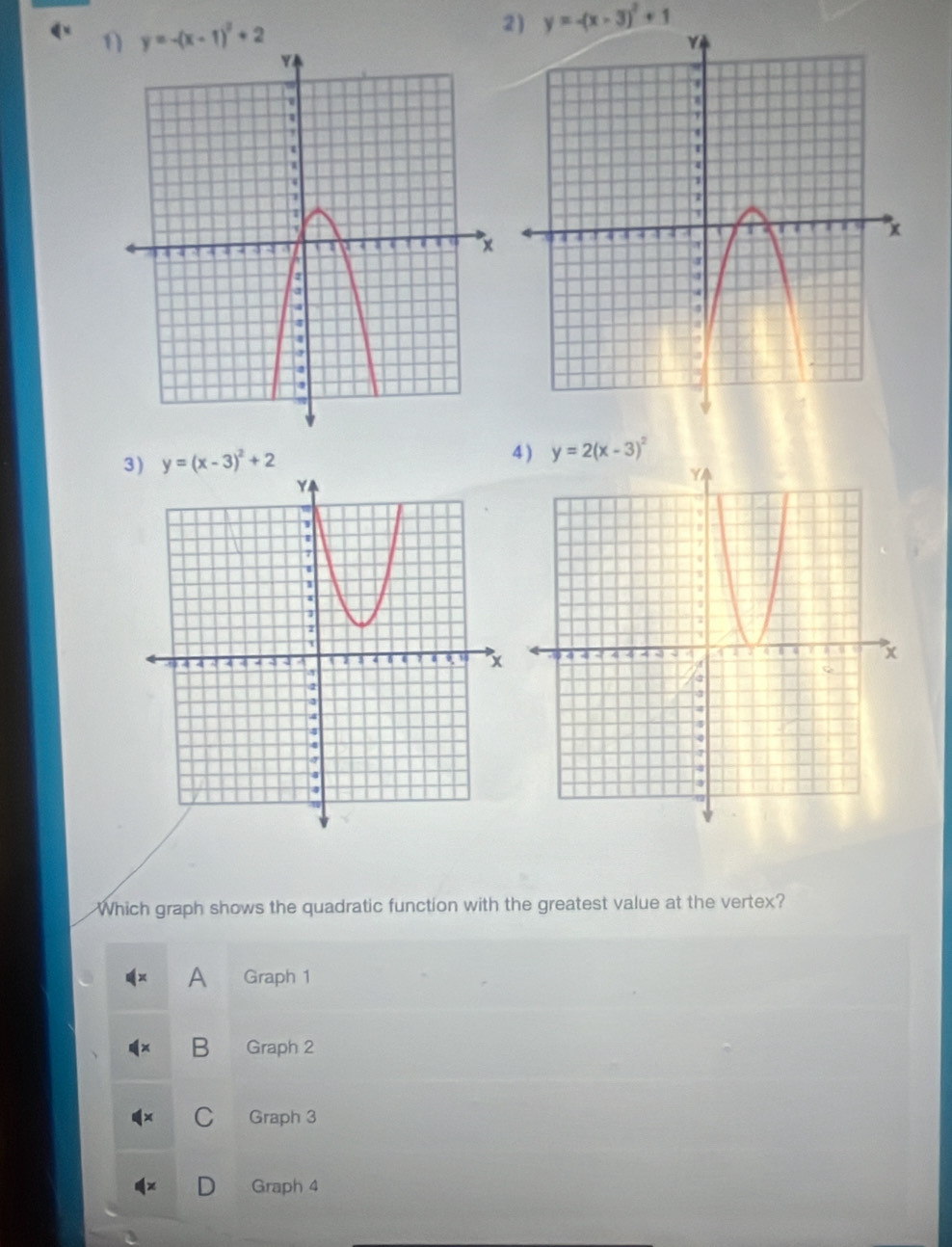 1 y=-(x-1)^2+2
2) y=-(x-3)^2+1
3) y=(x-3)^2+2
4 ) y=2(x-3)^2
Which graph shows the quadratic function with the greatest value at the vertex?
A Graph 1
B Graph 2
C Graph 3
] Graph 4