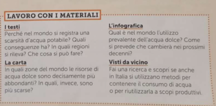 LAVORO CON I MATERIALI 
I testi L’infografica 
Perché nel mondo si registra una Qual è nel mondo l'utilizzo 
scarsità d’acqua potabile? Quali prevalente dell’acqua dolce? Come 
conseguenze ha? In quali regioni si prevede che cambierà nei prossimi 
si rileva? Che cosa si può fare? decenni? 
La carta Visti da vicino 
In quali zone del mondo le risorse di Fai una ricerca e scopri se anche 
acqua dolce sono decisamente più in Italia si utilizzano metodi per 
abbondanti? In quali, invece, sono contenere il consumo di acqua 
più scarse? o per riutilizzarla a scopi produttivi.