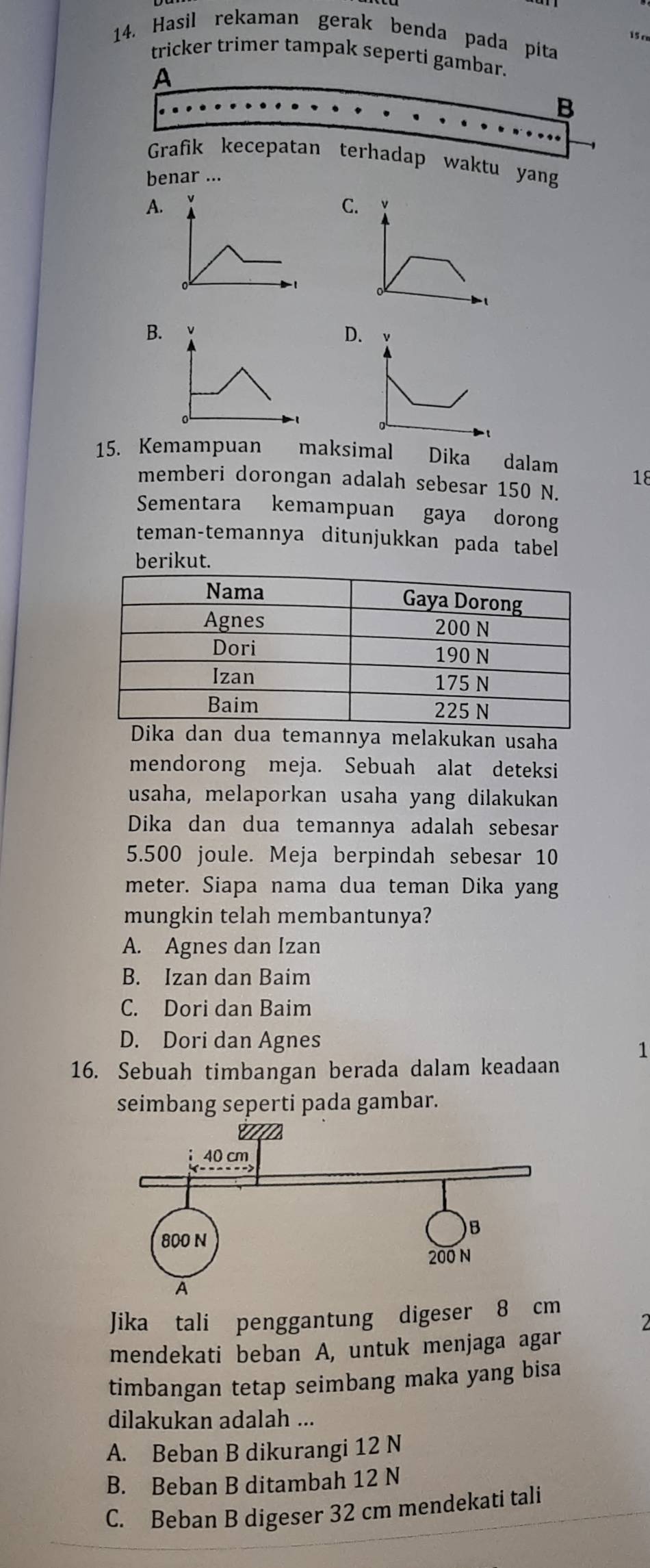 Hasil rekaman gerak benda pada pita
15 c
tricker trimer tampak seperti gambar.
A
B
Grafik kecepatan terhadap waktu yang
benar ...
A.
C.
B.
D. ν
15. Kemampuan maksimal Dika dalam 18
memberi dorongan adalah sebesar 150 N.
Sementara kemampuan gaya dorong
teman-temannya ditunjukkan pada tabel
emannya melakukan usaha
mendorong meja. Sebuah alat deteksi
usaha, melaporkan usaha yang dilakukan
Dika dan dua temannya adalah sebesar
5.500 joule. Meja berpindah sebesar 10
meter. Siapa nama dua teman Dika yang
mungkin telah membantunya?
A. Agnes dan Izan
B. Izan dan Baim
C. Dori dan Baim
D. Dori dan Agnes
1
16. Sebuah timbangan berada dalam keadaan
seimbang seperti pada gambar.
Jika tali penggantung digeser 8 cm
2
mendekati beban A, untuk menjaga agar
timbangan tetap seimbang maka yang bisa
dilakukan adalah ...
A. Beban B dikurangi 12 N
B. Beban B ditambah 12 N
C. Beban B digeser 32 cm mendekati tali