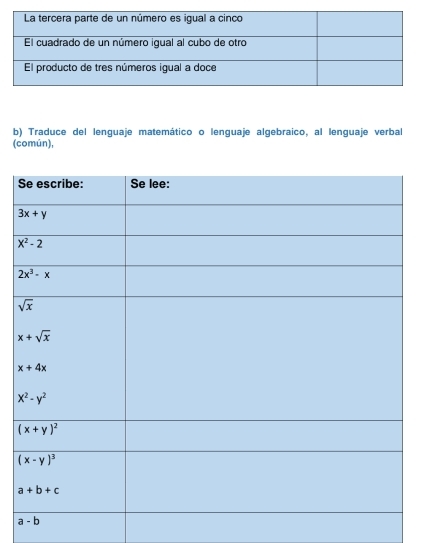 Traduce del lenguaje matemático o lenguaje algebraico, al lenguaje verbal
(común),