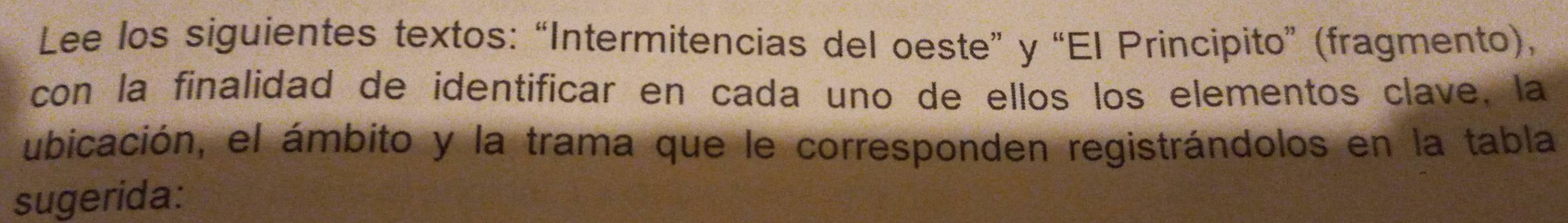 Lee los siguientes textos: “Intermitencias del oeste” y “El Principito” (fragmento), 
con la finalidad de identificar en cada uno de ellos los elementos clave, la 
ubicación, el ámbito y la trama que le corresponden registrándolos en la tabla 
sugerida: