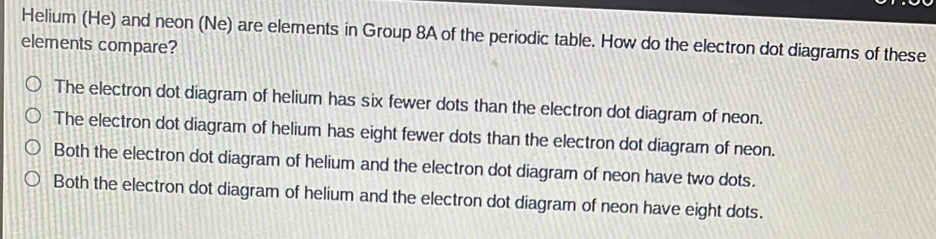 Helium (He) and neon (Ne) are elements in Group 8A of the periodic table. How do the electron dot diagrams of these
elements compare?
The electron dot diagram of helium has six fewer dots than the electron dot diagram of neon.
The electron dot diagram of helium has eight fewer dots than the electron dot diagram of neon.
Both the electron dot diagram of helium and the electron dot diagram of neon have two dots.
Both the electron dot diagram of helium and the electron dot diagram of neon have eight dots.