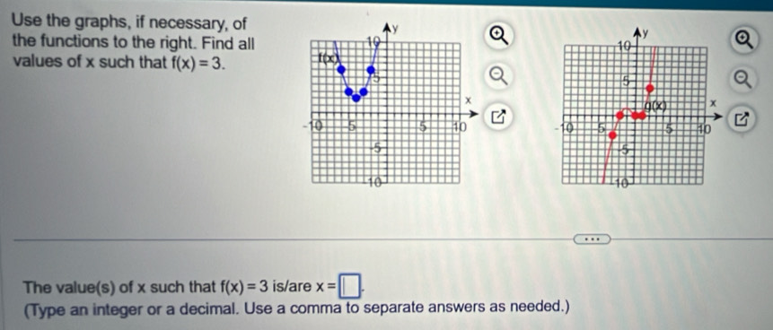 Use the graphs, if necessary, of
the functions to the right. Find all
values of x such that f(x)=3.

The value(s) of x such that f(x)=3 is/are x=□ .
(Type an integer or a decimal. Use a comma to separate answers as needed.)