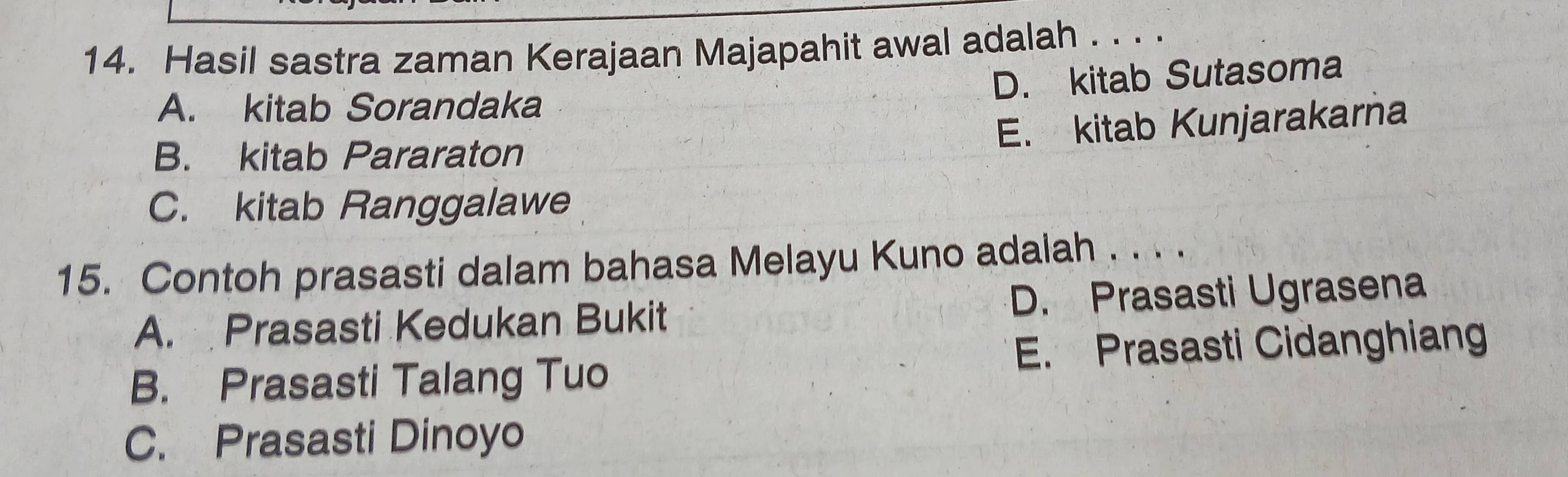 Hasil sastra zaman Kerajaan Majapahit awal adalah . . . .
D. kitab Sutasoma
A. kitab Sorandaka
E. kitab Kunjarakarna
B. kitab Pararaton
C. kitab Ranggalawe
15. Contoh prasasti dalam bahasa Melayu Kuno adalah . . . .
A. Prasasti Kedukan Bukit D. Prasasti Ugrasena
B. Prasasti Talang Tuo E. Prasasti Cidanghiang
C. Prasasti Dinoyo