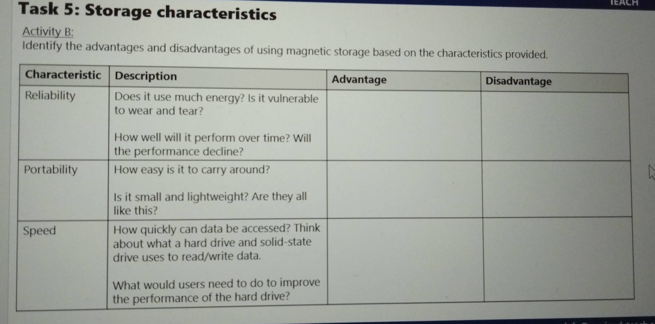 TEACH 
Task 5: Storage characteristics 
Activity B: 
Identify the advantages and disadvantages of using magnetic storage based on the characteristics provided.