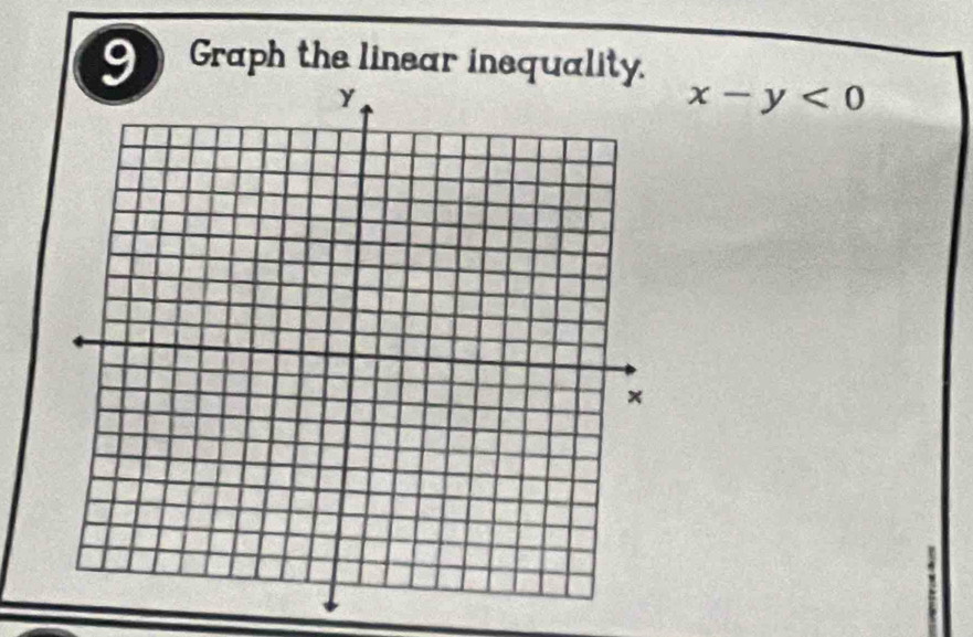 Graph the linear inequality.
x-y<0</tex>