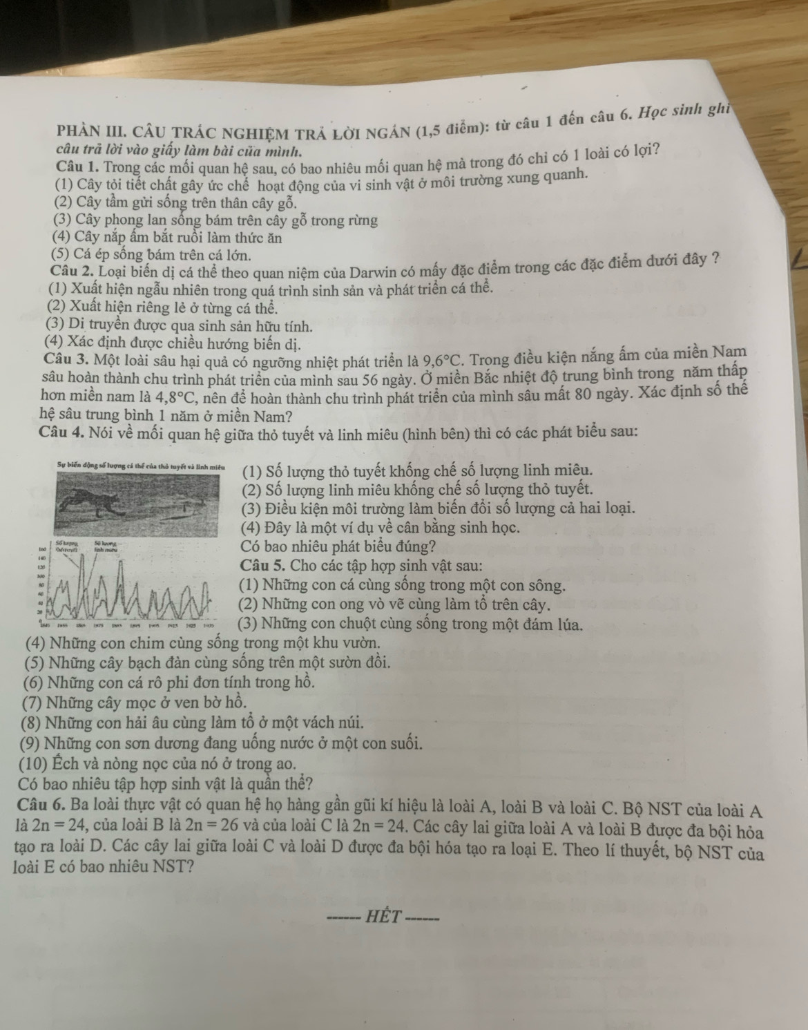 PHÀN III. CÂU TRÁC NGHIỆM TRẢ LỜI NGÁN (1,5 điểm): từ câu 1 đến câu 6. Học sinh ghỉ
câu trả lời vào giấy làm bài của mình.
Câu 1. Trong các mối quan hệ sau, có bao nhiêu mối quan hệ mà trong đó chỉ có 1 loài có lợi?
(1) Cây tỏi tiết chất gây ức chế hoạt động của vi sinh vật ở môi trường xung quanh.
(2) Cây tầm gửi sống trên thân cây gỗ.
(3) Cây phong lan sống bám trên cây gỗ trong rừng
(4) Cây nắp ấm bắt ruồi làm thức ăn
(5) Cá ép sống bám trên cá lớn.
Câu 2. Loại biến dị cá thể theo quan niệm của Darwin có mấy đặc điểm trong các đặc điểm dưới đây ?
(1) Xuất hiện ngẫu nhiên trong quá trình sinh sản và phát triển cá thể.
(2) Xuất hiện riêng lẻ ở từng cá thể.
(3) Di truyền được qua sinh sản hữu tính.
(4) Xác định được chiều hướng biến dị.
Câu 3. Một loài sâu hại quả có ngưỡng nhiệt phát triển là 9,6°C. Trong điều kiện nắng ấm của miền Nam
sâu hoàn thành chu trình phát triển của mình sau 56 ngày. Ở miền Bắc nhiệt độ trung bình trong năm thấp
hơn miền nam là 4,8°C , nên để hoàn thành chu trình phát triển của mình sâu mất 80 ngày. Xác định số thế
hệ sâu trung bình 1 năm ở miền Nam?
Câu 4. Nói về mối quan hệ giữa thỏ tuyết và linh miêu (hình bên) thì có các phát biểu sau:
Sự biến động số lượng cá thể của thỏ tuyết và linh miêu (1) Số lượng thỏ tuyết khống chế số lượng linh miêu.
(2) Số lượng linh miêu khống chế số lượng thỏ tuyết.
(3) Điều kiện môi trường làm biến đổi số lượng cả hai loại.
(4) Đây là một ví dụ về cân bằng sinh học.
Shen Có bao nhiêu phát biểu đúng?
Câu 5. Cho các tập hợp sinh vật sau:
(1) Những con cá cùng sống trong một con sông.
(2) Những con ong vò vẽ cùng làm tổ trên cây.
(3) Những con chuột cùng sống trong một đám lúa.
(4) Những con chim cùng sống trong một khu vườn.
(5) Những cây bạch đàn cùng sống trên một sườn đồi.
(6) Những con cá rô phi đơn tính trong hồ.
(7) Những cây mọc ở ven bờ hồ.
(8) Những con hải âu cùng làm tổ ở một vách núi.
(9) Những con sơn dương đang uống nước ở một con suối.
(10) Ếch và nòng nọc của nó ở trong ao.
Có bao nhiêu tập hợp sinh vật là quần thể?
Câu 6. Ba loài thực vật có quan hệ họ hàng gần gũi kí hiệu là loài A, loài B và loài C. Bộ NST của loài A
là 2n=24 , của loài B là 2n=26 và của loài C là 2n=24. Các cây lai giữa loài A và loài B được đa bội hỏa
tạo ra loài D. Các cây lai giữa loài C và loài D được đa bội hóa tạo ra loại E. Theo lí thuyết, bộ NST của
loài E có bao nhiêu NST?
Hết_