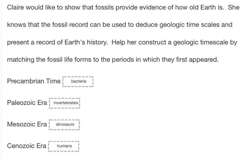 Claire would like to show that fossils provide evidence of how old Earth is. She 
knows that the fossil record can be used to deduce geologic time scales and 
present a record of Earth's history. Help her construct a geologic timescale by 
matching the fossil life forms to the periods in which they first appeared. 
Precambrian Time bacteria 
Paleozoic Era invertebrates 
Mesozoic Era dinosaurs 
Cenozoic Era humans