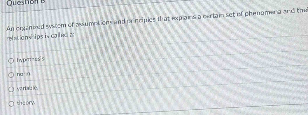 An organized system of assumptions and principles that explains a certain set of phenomena and the
relationships is called a:
hypothesis.
norm.
variable.
theory.