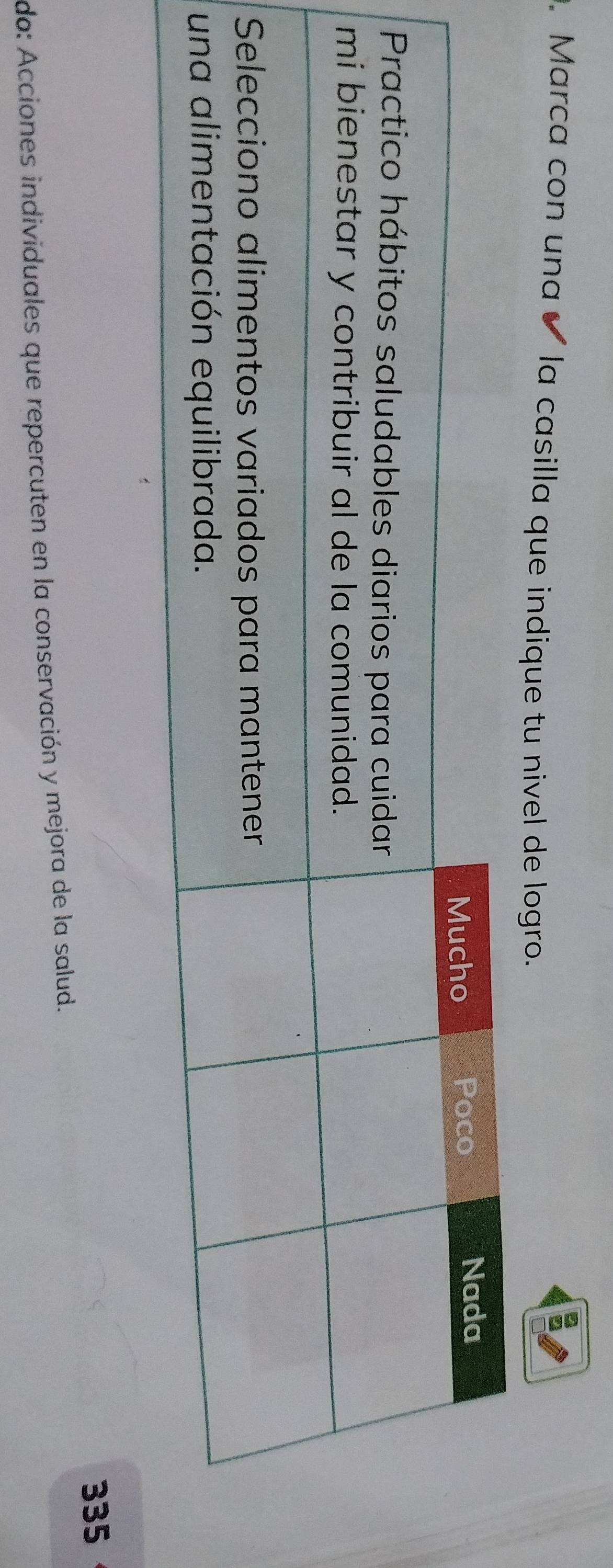 Marca con una ✔ la casilla que indique tu nivel de logro.
335
do: Acciones individuales que repercuten en la conservación y mejora de la salud.