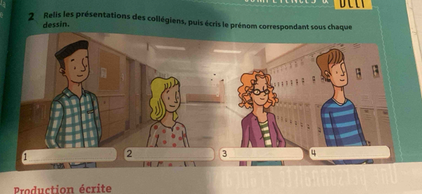 Relis les présentations des collégiens, puis écris le prénom correspondant sous chaque 
dessin. 
Production écrite