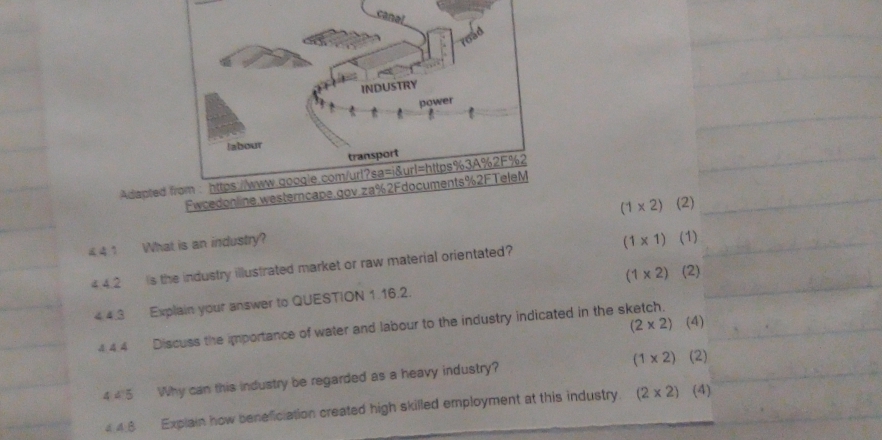 canal 
road 
INDUSTRY 
power 
labour 
transport 
Adapted from : https://www.qooqle.com/url?sa=i&url=https%3A%2F%2 
Fwcedonline.westerncape.gov.za%2Fdocuments%2FTeleM
(1* 2) (2) 
£ 4 1 What is an industry? 
4.4.2 is the industry illustrated market or raw material orientated (1* 1)(1)
4.4.3 Explain your answer to QUESTION 1.16.2. (1* 2)(2)
(2* 2) (4) 
4.4.4 Discuss the importance of water and labour to the industry indicated in the sketch.
(1* 2) (2) 
4 4 5 Why can this industry be regarded as a heavy industry? 
4 4.8 Explain how beneficiation created high skilled employment at this industry (2* 2) (4)