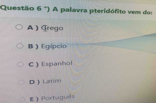 °) A palavra pteridófito vem do:
A ) rego
B ) Egípcio
C ) Espanhol
D) Latim
E ) Português