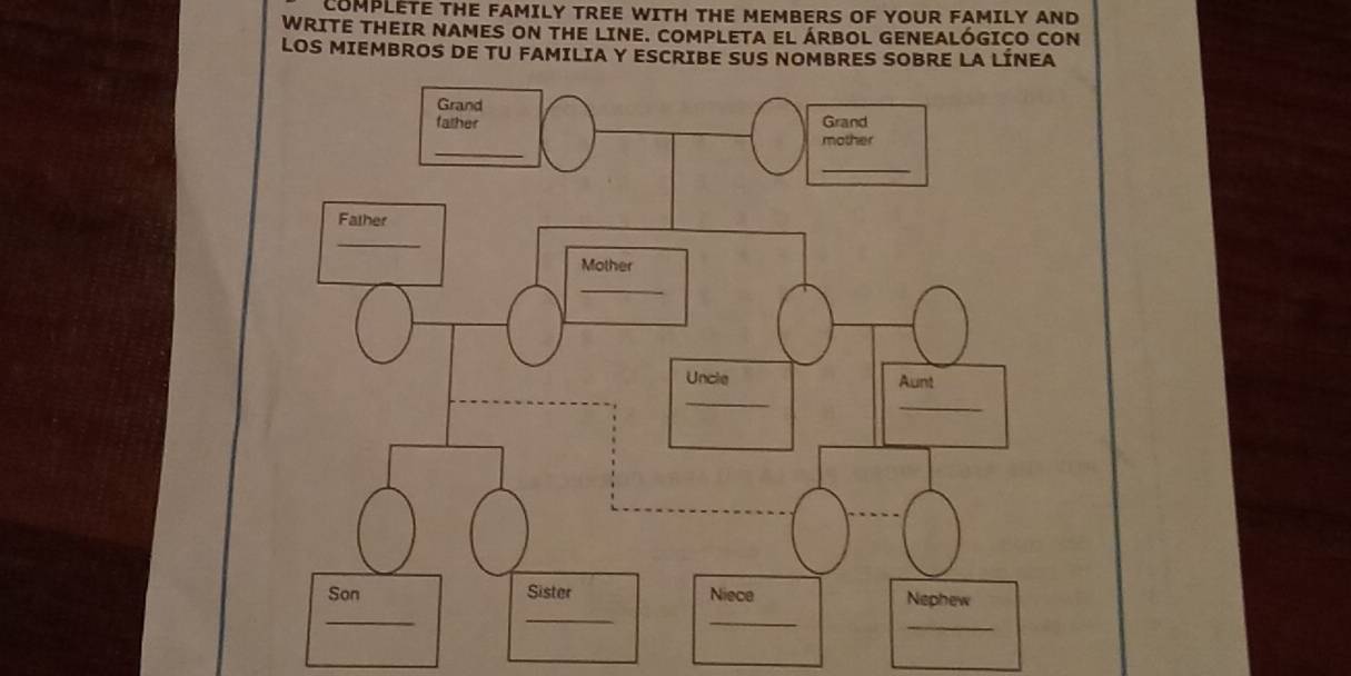 COMPLETE THE FAMILY TREE WITH THE MEMBERS OF YOUR FAMILY AND 
WRITE THEIR NAMES ON THE LINE. COMPLETA EL ÁRBOL GENEALÓGICO CON 
LOS MIEMBROS DE TU FAMILIA Y ESCRIBE SUS NOMBRES SOBRE LA LINEA