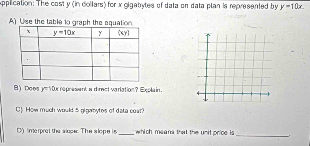 Application: The cost y (in dollars) for x gigabytes of data on data plan is represented by y=10x.
A) Use the table to graph the equation.
B) Does y=10x represent a direct variation? Explain.
C) How much would 5 gigabytes of data cost?
D) Interpret the slope: The slope is_ which means that the unit price is
_.