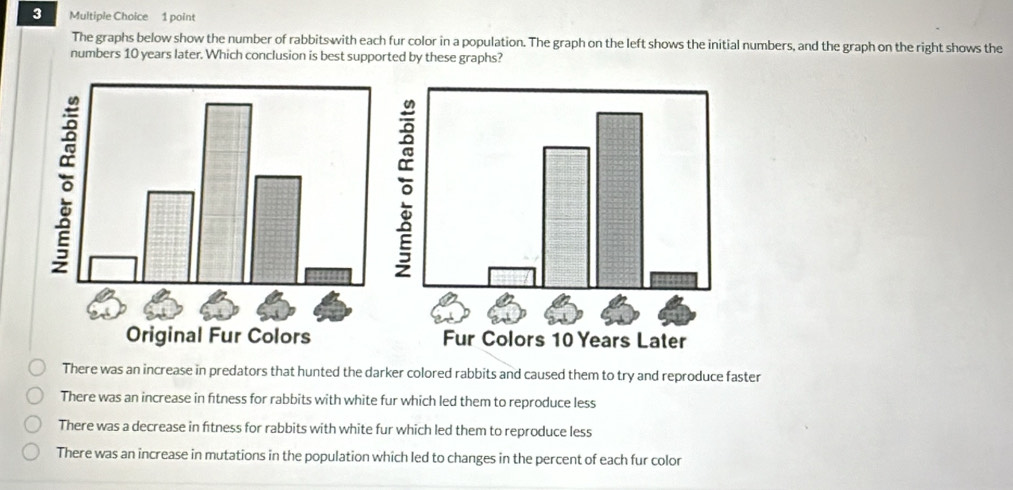 The graphs below show the number of rabbits with each fur color in a population. The graph on the left shows the initial numbers, and the graph on the right shows the
numbers 10 years later. Which conclusion is best supported by these graphs?
There was an increase in predators that hunted the darker colored rabbits and caused them to try and reproduce faster
There was an increase in fitness for rabbits with white fur which led them to reproduce less
There was a decrease in ftness for rabbits with white fur which led them to reproduce less
There was an increase in mutations in the population which led to changes in the percent of each fur color