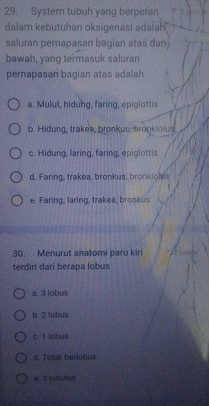 System tubuh yang berperan * 2 points
dalam kebutuhan oksigenasi adalah
saluran pernapasan bagian atas dan
bawah, yang termasuk saluran
pernapasan bagian atas adalah
a. Mulut, hidung, faring, epiglottis
b. Hidung, trakea, bronkus, bronkiolus,
c. Hidung, laring, faring, epiglottis
d. Faring, trakea, bronkus, bronkiolus
e. Faring, laring, trakea, bronkus
30. Menurut anatomi paru kiri 2 points
terdiri dari berapa lobus
a. 3 lobus
b 2 lobus
c. 1 lobus
d. Tidak berlobus
e. 3 lobulus