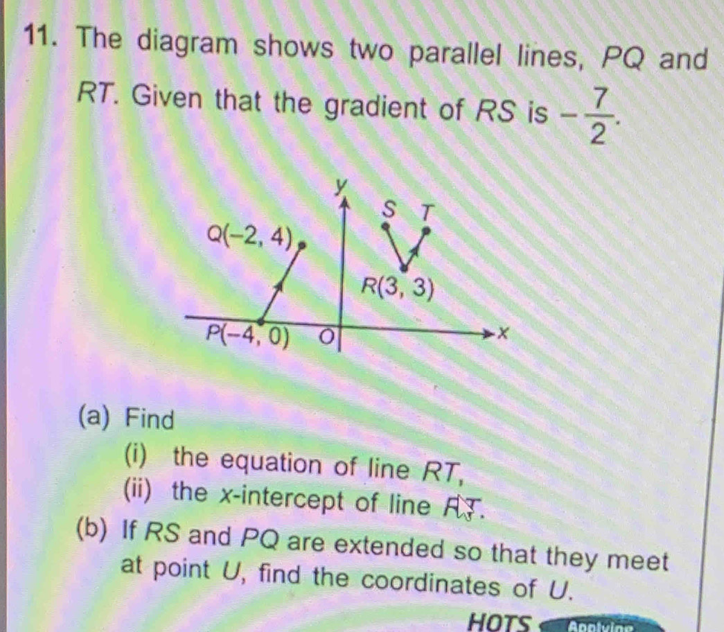 The diagram shows two parallel lines, PQ and
RT. Given that the gradient of RS is - 7/2 .
(a) Find
(i) the equation of line RT,
(ii) the x-intercept of line AT.
(b) If RS and PQ are extended so that they meet
at point U, find the coordinates of U.
HOTS Appivine