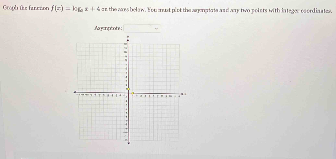 Graph the function f(x)=log _5x+4 on the axes below. You must plot the asymptote and any two points with integer coordinates. 
Asymptote: