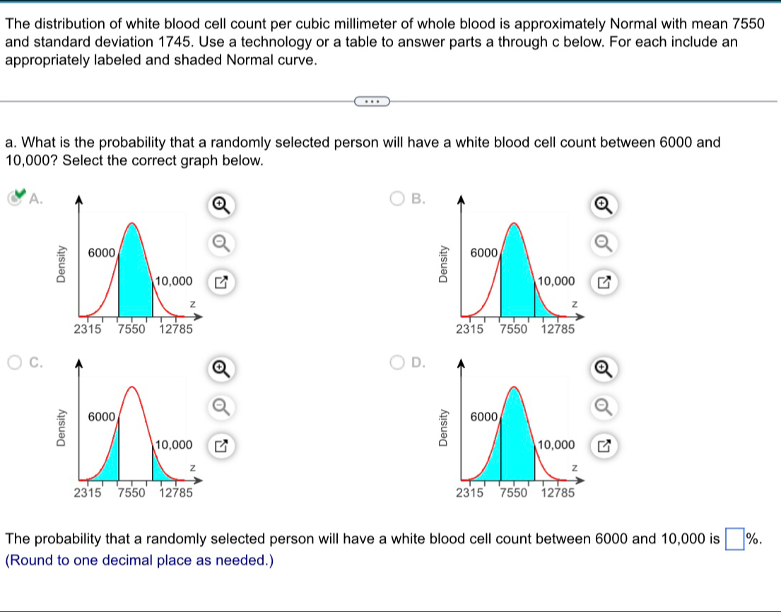 The distribution of white blood cell count per cubic millimeter of whole blood is approximately Normal with mean 7550
and standard deviation 1745. Use a technology or a table to answer parts a through c below. For each include an
appropriately labeled and shaded Normal curve.
a. What is the probability that a randomly selected person will have a white blood cell count between 6000 and
10,000? Select the correct graph below.
A. B.

C.
D.



The probability that a randomly selected person will have a white blood cell count between 6000 and 10,000 is □ %.
(Round to one decimal place as needed.)