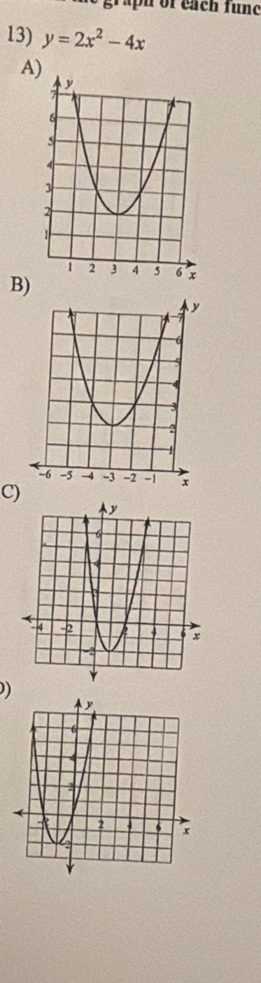 graph of each fune 
13) y=2x^2-4x
A) 
B) 
C) 
)