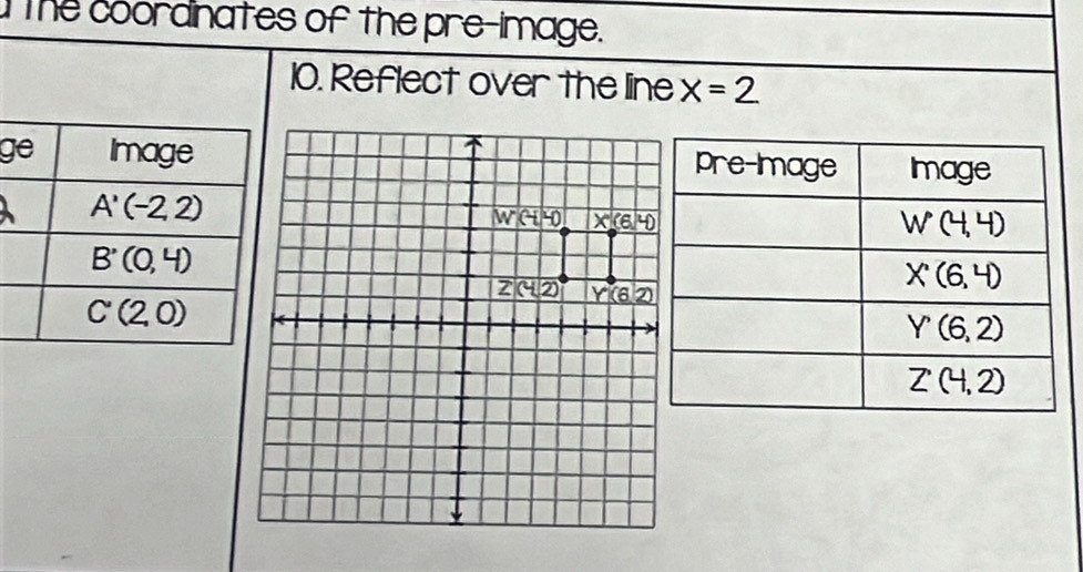 the coordinates of the pre-image.
10. Reflect over the line x=2
g