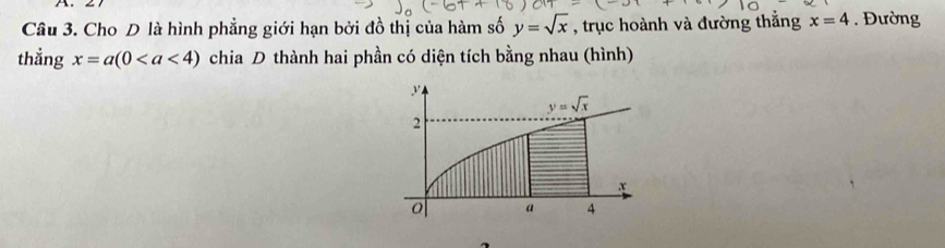 Cho D là hình phẳng giới hạn bởi đồ thị của hàm số y=sqrt(x) , trục hoành và đường thắng x=4. Đường
thẳng x=a(0 chia D thành hai phần có diện tích bằng nhau (hình)