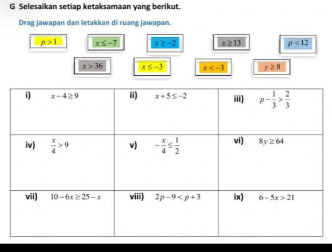 Selesaikan setiap ketaksamaan yang berikut.
Drag jawapan dan letakkan di ruang jawapan.
p>1 x≤ -7 x≥ -2 x≥ 13 p<12</tex>
x>36 x≤ -3 x y≥ 8