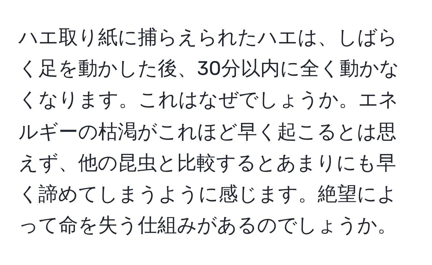 ハエ取り紙に捕らえられたハエは、しばらく足を動かした後、30分以内に全く動かなくなります。これはなぜでしょうか。エネルギーの枯渇がこれほど早く起こるとは思えず、他の昆虫と比較するとあまりにも早く諦めてしまうように感じます。絶望によって命を失う仕組みがあるのでしょうか。