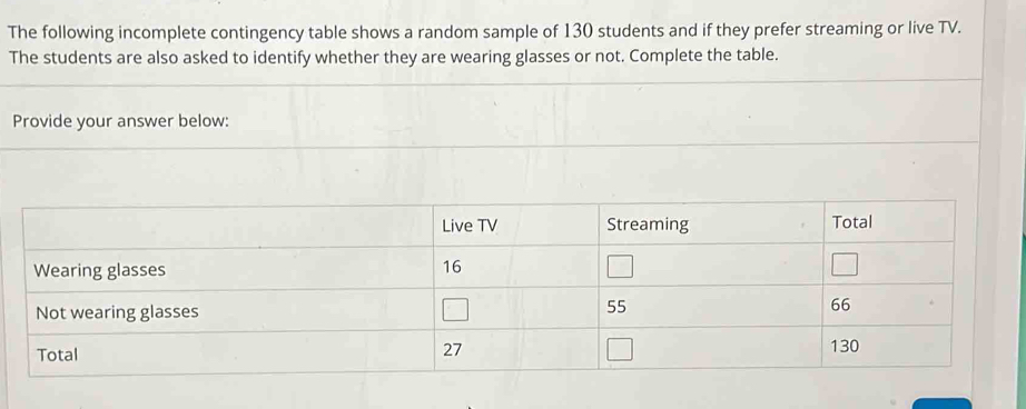 The following incomplete contingency table shows a random sample of 130 students and if they prefer streaming or live TV. 
The students are also asked to identify whether they are wearing glasses or not. Complete the table. 
Provide your answer below: