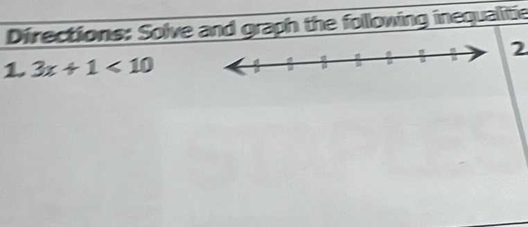 Directions: Solve and graph the following inequalitie 
2 
L 3x+1<10</tex>