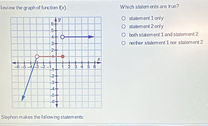 Review the graph of function f(x). Which statements are true?
statem ent 1 only
statement 2 onl y
both statement 1 and statement 2
neither statement 1 nor statement 2
Stephon makes the following statements: