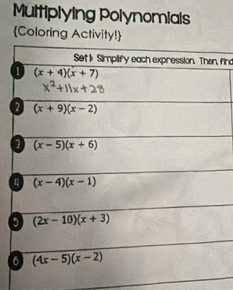 Multiplying Polynomials
Coloring Activity!
find